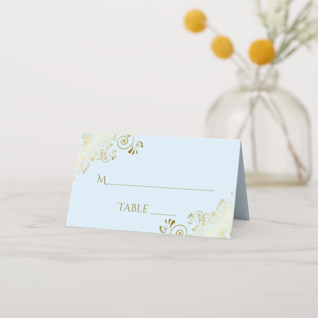 Tarjeta De Asiento Auriculares dorados Powder Blue Elegant Wedding Wr (Anverso)