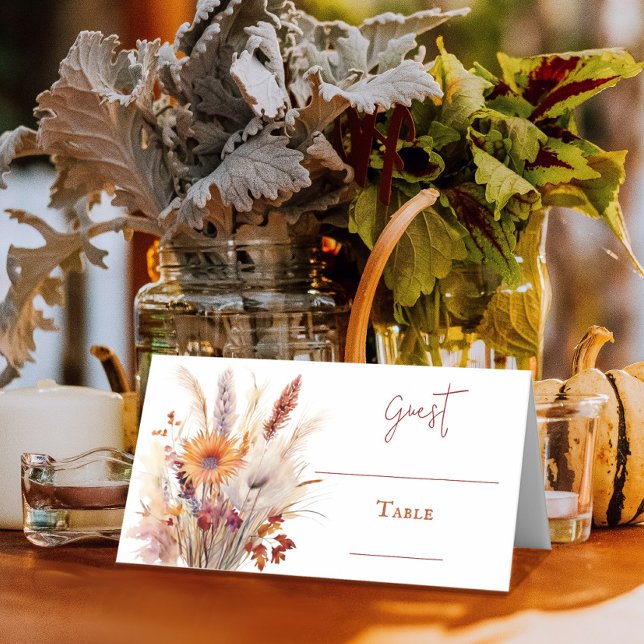 Tarjeta De Asiento Autumn Boho Floral Boda | Blanco (Autumn Boho Floral White Wedding Table Place Card)