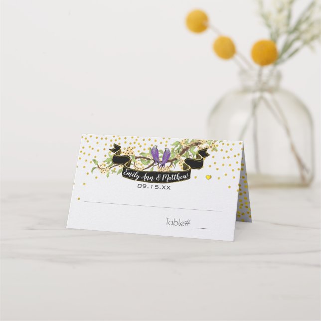 Tarjeta De Asiento Aves Amarillas Púrpuras de oro ultravioleta (Anverso)
