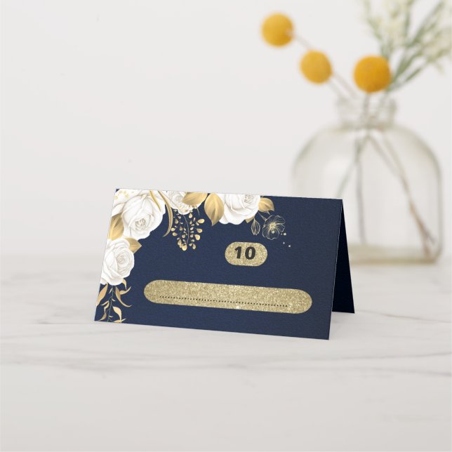 Tarjeta De Asiento azul marino botánico dorado blanco (Anverso)