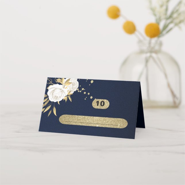 Tarjeta De Asiento azul marino botánico dorado blanco (Anverso)