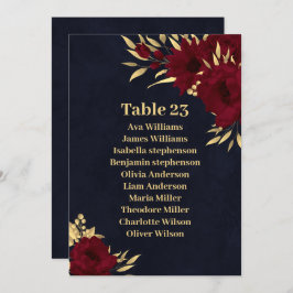 tarjeta de asiento azul marino burdeos y dorado de