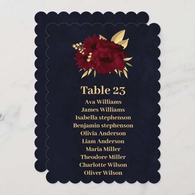 tarjeta de asiento azul marino burdeos y dorado de (Anverso / Reverso)