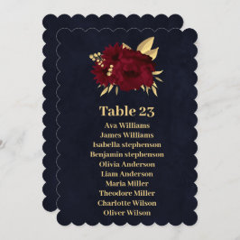 tarjeta de asiento azul marino burdeos y dorado de