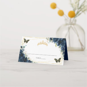Tarjeta De Asiento Azul Marino Floral Oro Quinceañera Cumpleaños 16