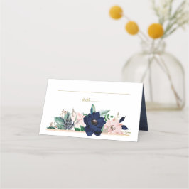 Tarjeta De Asiento Azul Polvoriento Rosa Polvoriento Floral Acuarela 