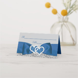 Tarjeta De Asiento Azul real, plata, corazón de amor gris Boda