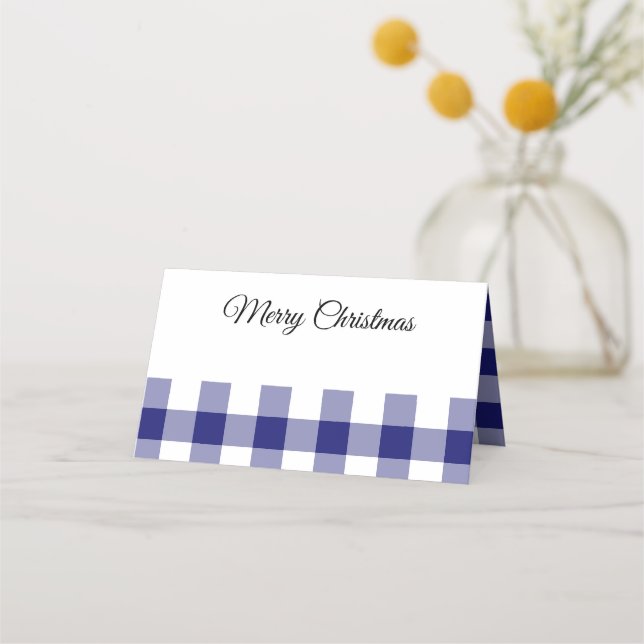 Tarjeta De Asiento Azul Rústico de Cuadros Feliz Navidad  (Anverso)