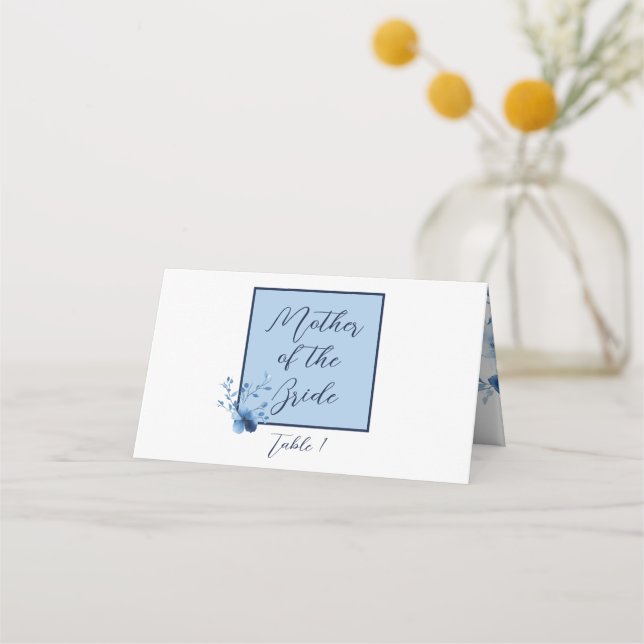 Tarjeta De Asiento Azul sobre azul, flor Boda de flores (Anverso)