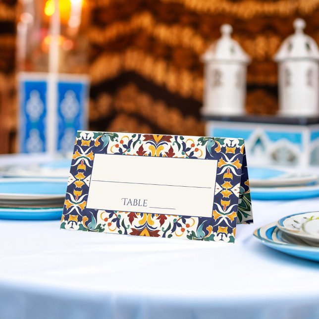 Tarjeta De Asiento Azulejo azul boda portugués mediterráneo (Azulejo blue Portuguese tiles Mediterranean Morocco themed wedding Place Card personalized decor)