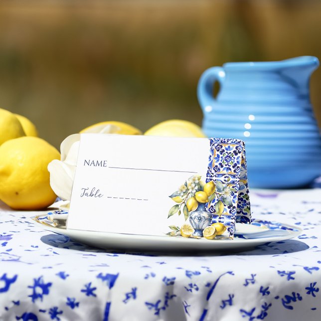 Tarjeta De Asiento Azulejos azules italianos de Amalfi limones nombre (Amalfi Italian Vietri blue tiles lemons name and table Place Card Mediterranean themed place cards)