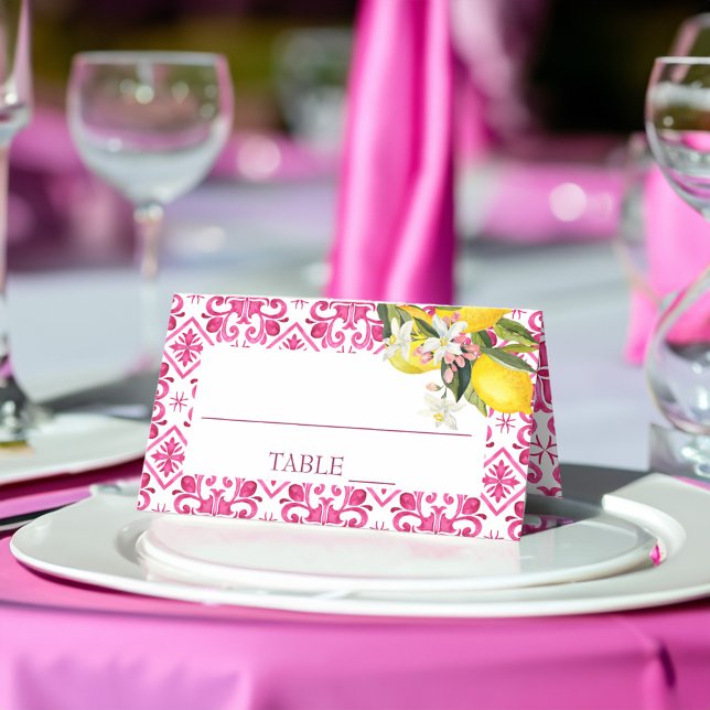 Tarjeta De Asiento Azulejos magenta fucsia de mayólica para baby show (Fuchsia Majolica magenta tiles lemons bridal shower Place Card personalized table decor)