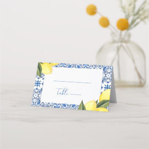 Tarjeta De Asiento Azulejos mediterráneos azules y Boda de cítricos