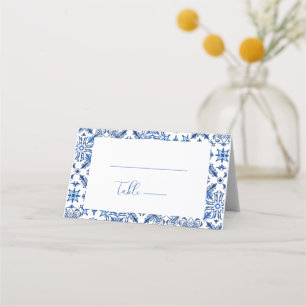 Tarjeta De Asiento Azulejos mediterráneos azules y Boda de cítricos