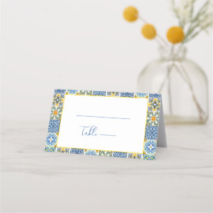 Tarjeta De Asiento Azulejos mediterráneos azules y Boda de cítricos