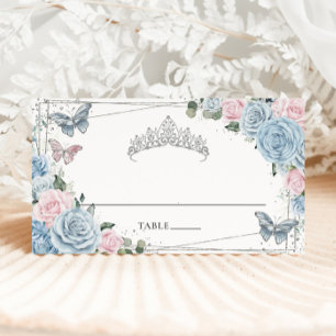 Tarjeta De Asiento Baby Blue Suave Rosa Floral Mariposas Quinceañera