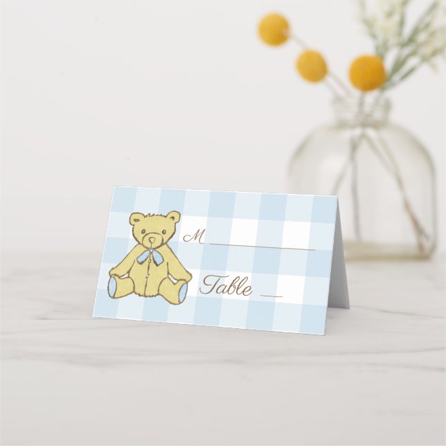 Tarjeta De Asiento Baby Shower Boy Bear Blue White Planteada (Anverso)