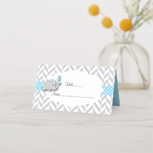 Tarjeta De Asiento Baby Shower de Elefante Azul y Gris | Doble cara (Anverso)
