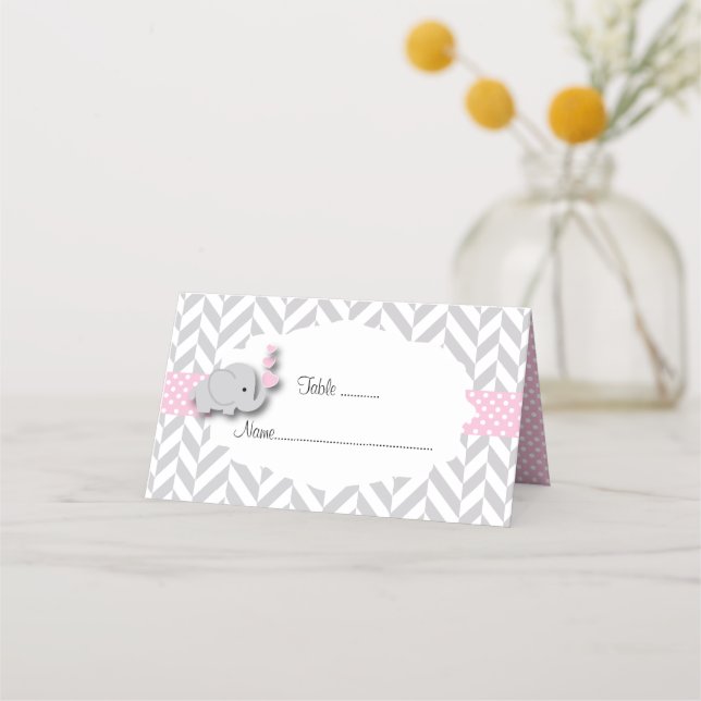 Tarjeta De Asiento Baby Shower de Elefante Rosa y Gris (Anverso)