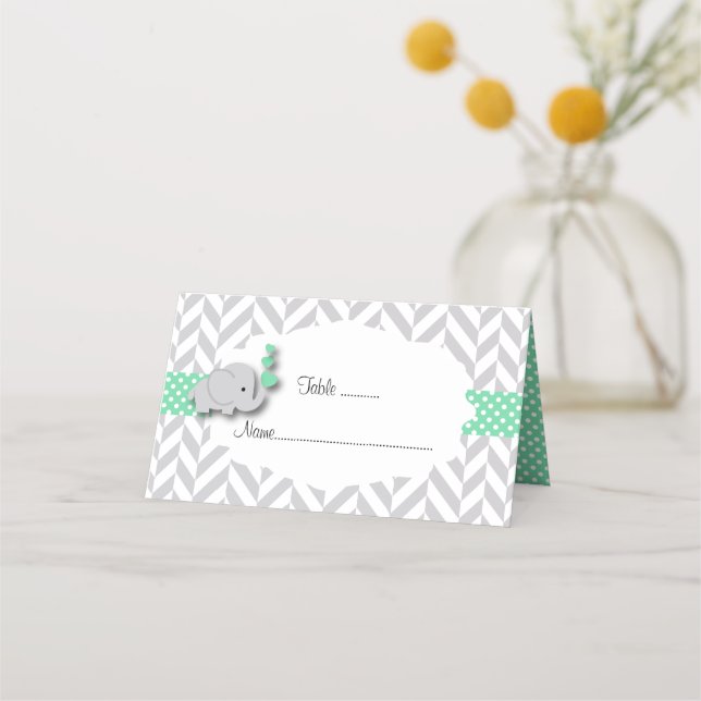 Tarjeta De Asiento Baby Shower de Elefante Verde y Gris | A doble car (Anverso)