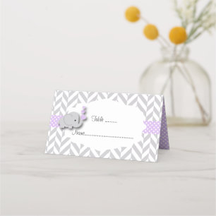 Tarjeta De Asiento Baby Shower de elefantes morados y grises