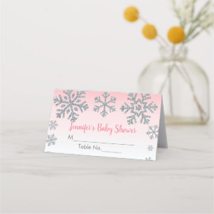 Tarjeta De Asiento Baby Shower de invierno rosa y plateado con copo d