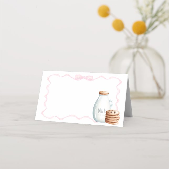 Tarjeta De Asiento Baby Shower de leche rosa y cookies (Anverso)