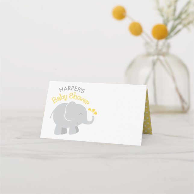 Tarjeta De Asiento Baby Shower moderno de elefantes amarillos y grise (Anverso)