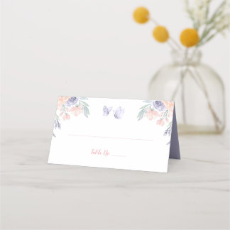 Tarjeta De Asiento Baby Shower plegado de mariposa floral rosa morada