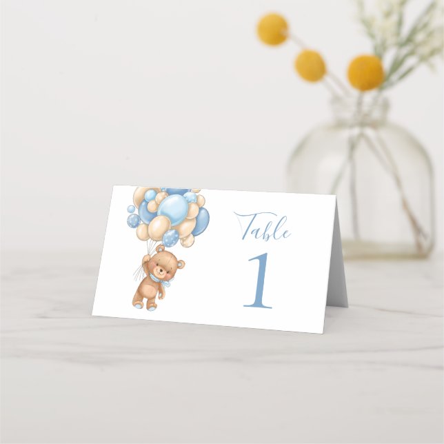 Tarjeta De Asiento Baby Shower Teddy Bear Balloon Blue Place Card (Anverso)