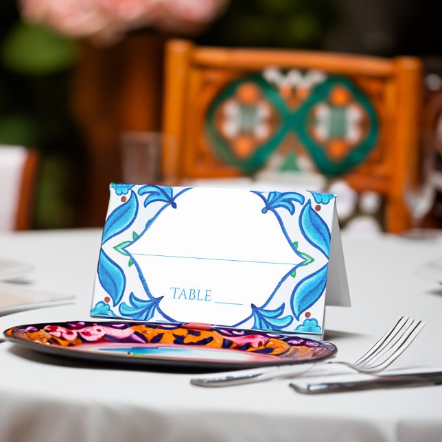 Tarjeta De Asiento Baldosas de Aqua Blue Talavera monogramadas boda (Aqua Blue Talavera tiles monogrammed wedding Place Card Mexican fiesta Meditterranean wedding decor)