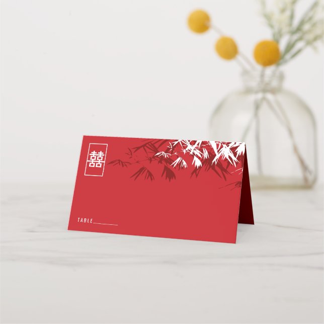 Tarjeta De Asiento Bambú de Borgoña deja Boda chino doble Xi (Anverso)