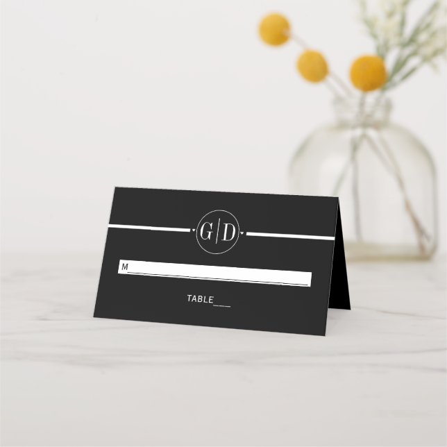 Tarjeta De Asiento Banda blanca y iniciales escolta de boda negro (Anverso)