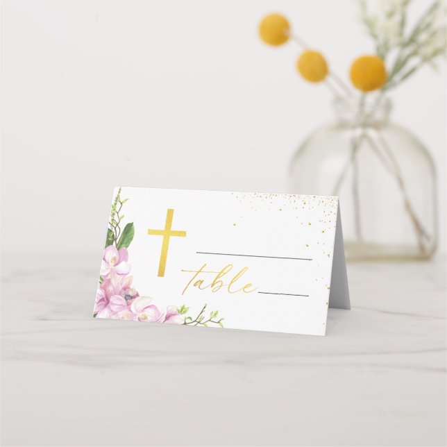 Tarjeta De Asiento Baptismo chica Flores rosas y Oro Bruto (Reverso)