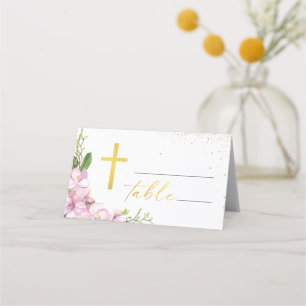 Tarjeta De Asiento Baptismo chica Flores rosas y Oro Bruto