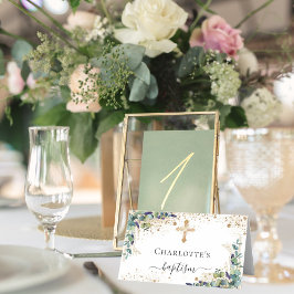 Tarjeta De Asiento Baptismo eucalipto purpurina de oro polvo