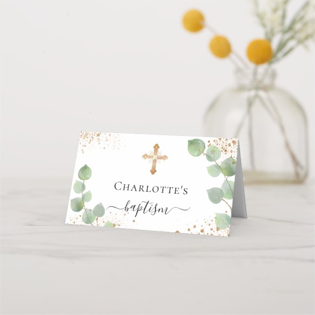 Tarjeta De Asiento Baptismo eucalipto purpurina de oro polvo (Reverso)