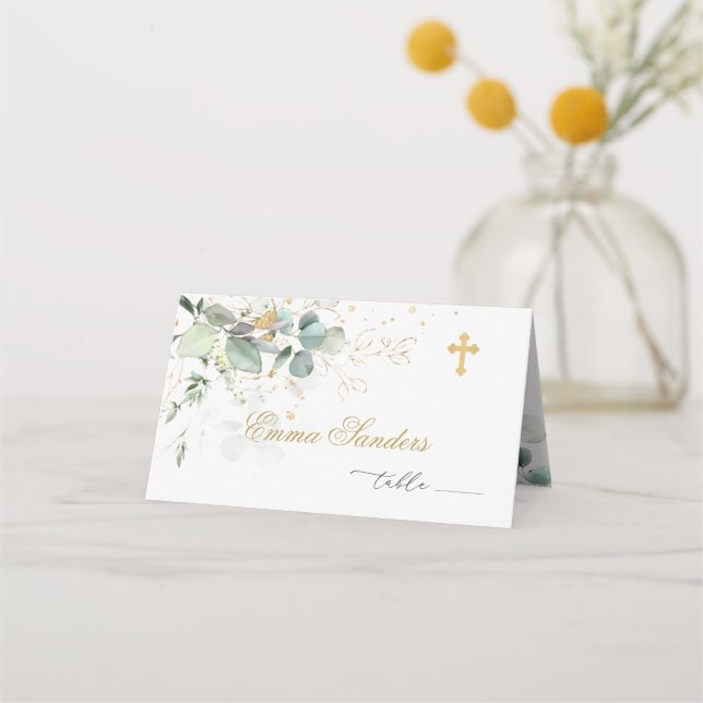 Tarjeta De Asiento Baptismo Eucalyptus Golden Floral Place (Anverso)