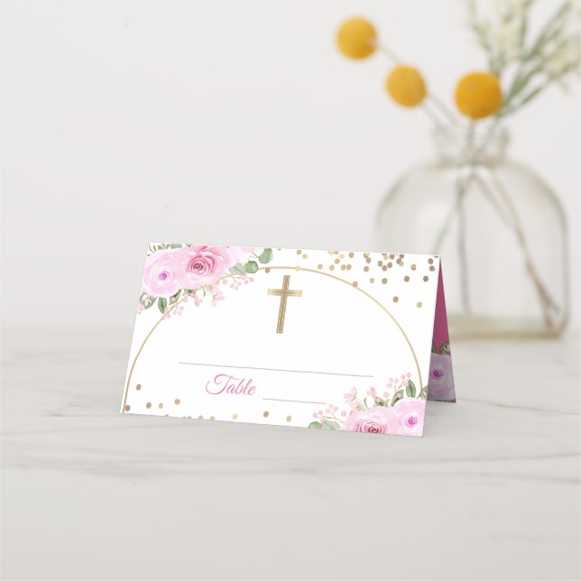 Tarjeta De Asiento Baptismo Purpurina Arch Pink Floral Gold (Anverso)