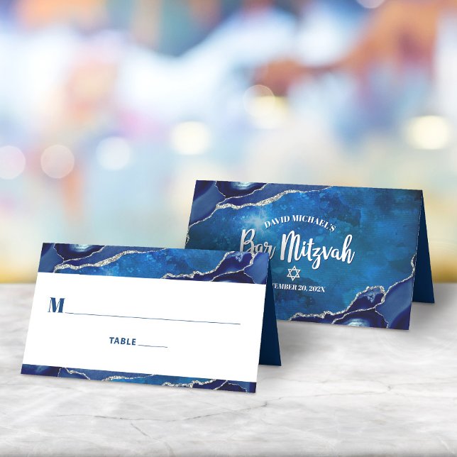Tarjeta De Asiento Bar Mitzvah Agate azul moderno galaxia acuarela (Subido por el creador)