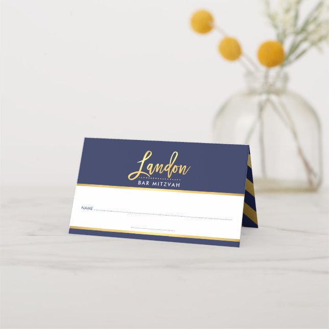 Tarjeta De Asiento BAR MITZVAH azul marino moderno + nombre dorado LA (Anverso)