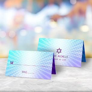 Tarjeta De Asiento Bar Mitzvah Bold Boho Retro Azul Púrpura Gradiente