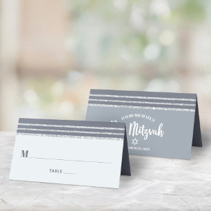 Tarjeta De Asiento Bar Mitzvah Gris Plata Tallit Script Moderno en Ne