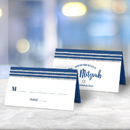 Tarjeta De Asiento Bar Mitzvah Moderno Talit Azul Marino Plata Escrit