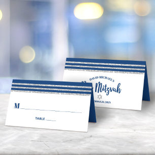 Tarjeta De Asiento Bar Mitzvah Moderno Talit Azul Marino Plata Escrit