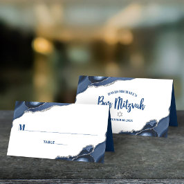 Tarjeta De Asiento Bar Mitzvah Simple moderna Marina Agate Blue Silve