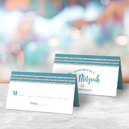 Tarjeta De Asiento Bar Mitzvah Verde Turquesa Talit Alto Script Moder