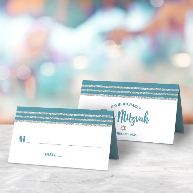 Tarjeta De Asiento Bar Mitzvah Verde Turquesa Talit Alto Script Moder (Subido por el creador)