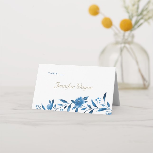 Tarjeta De Asiento Barajas de Boda Chinoiserie con flores azules (Anverso)