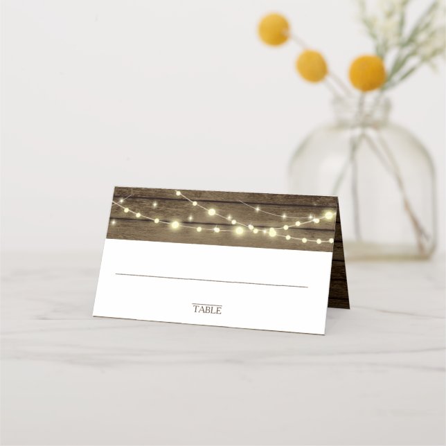 Tarjeta De Asiento Barn Wood y String Lights Place Card (Anverso)